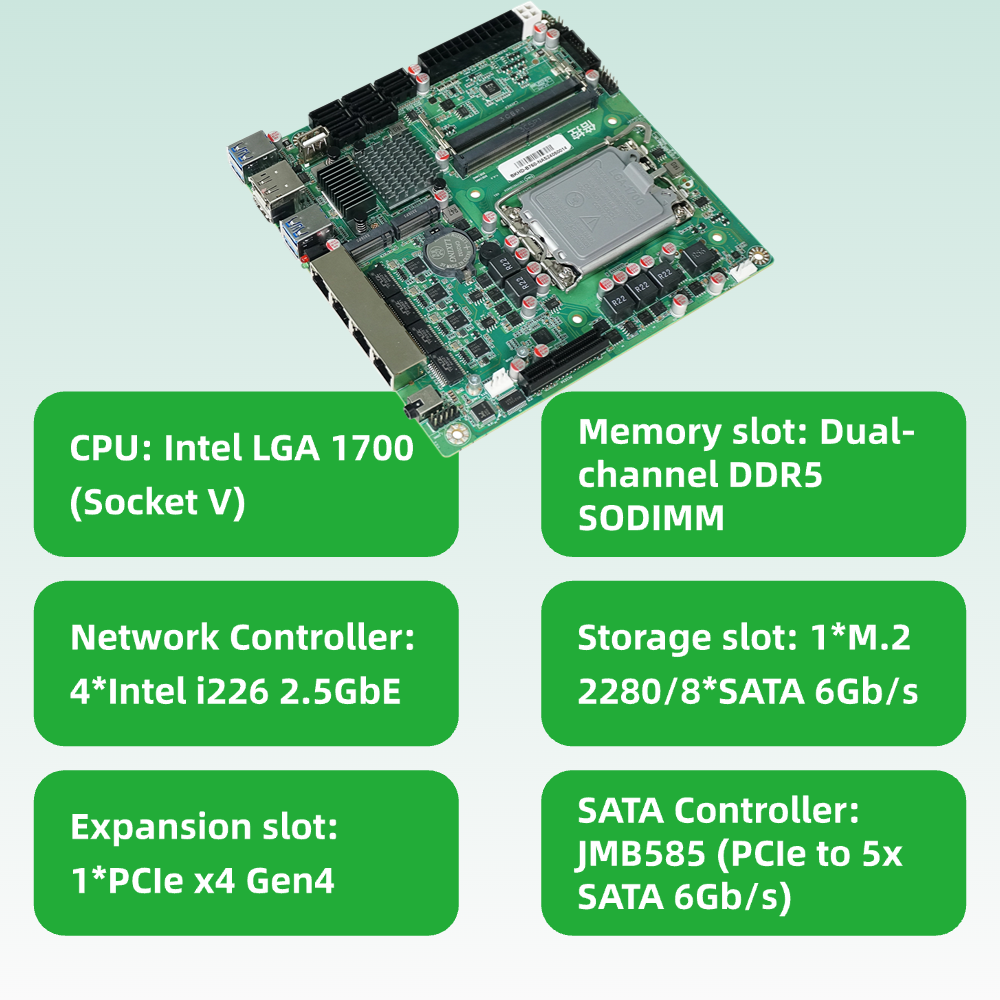 Mini-ITX Motherboard LGA1700 for Servers Virtual Machines Routers Compatible with Proxmox TureNAS ESXi 4 Ports 2.5GbE 8x SATA expandable PICe B760-NAS-MB