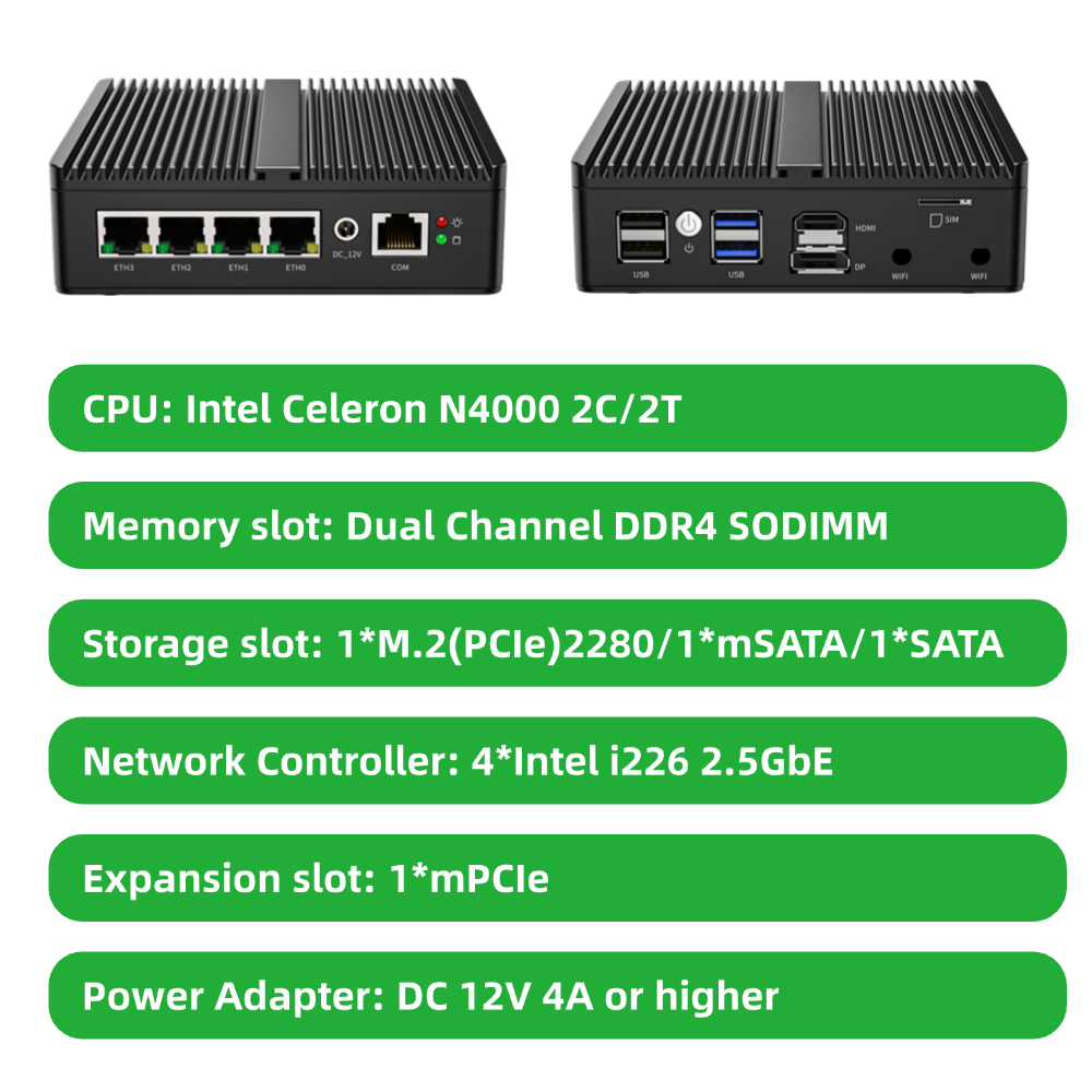 Fanless Network Appliance Integrated Celeron 4-port RJ45 2.5GbE for Firewall Router Edge Computing Pfsense Mirktik OpenWrt G30S-1090NP-4L