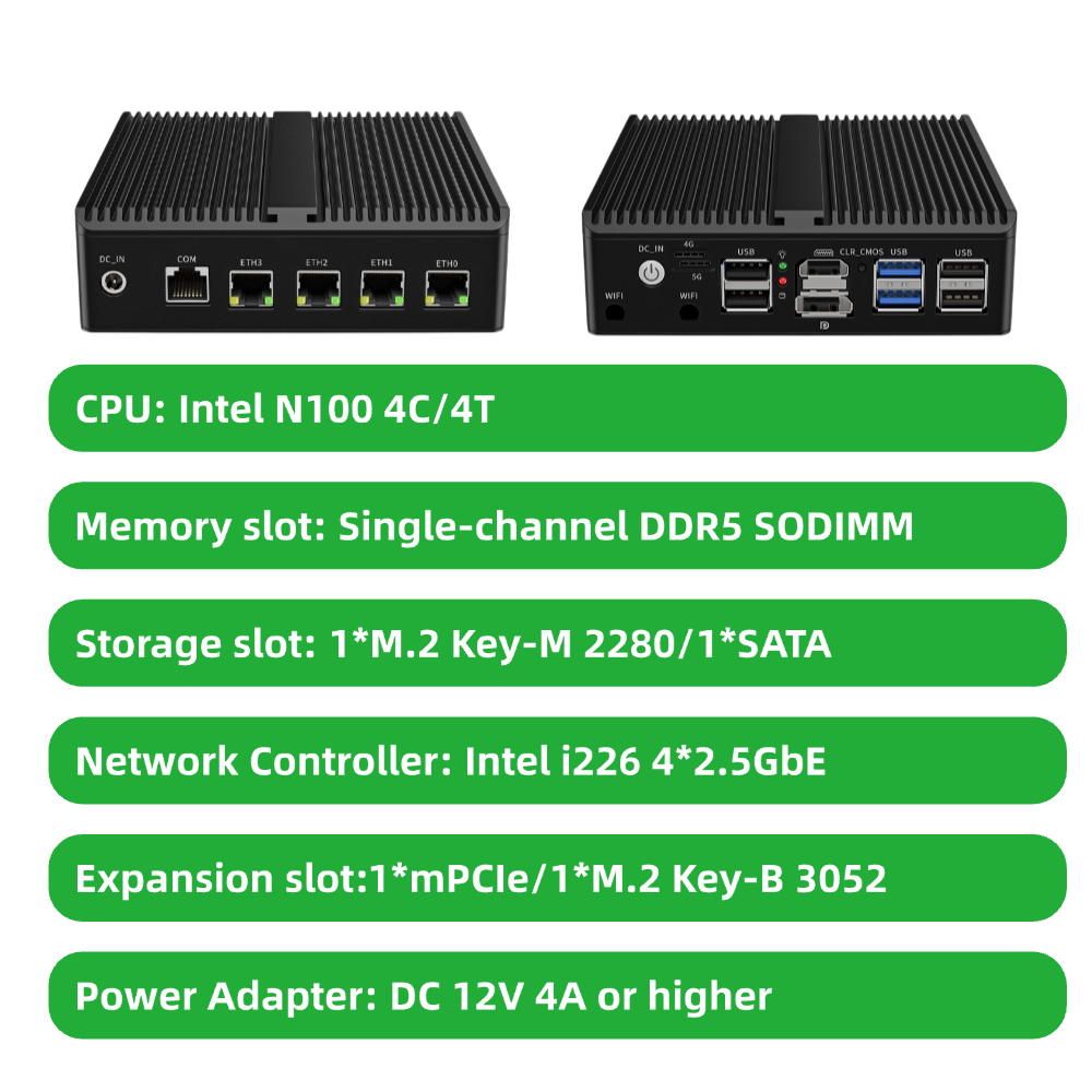 Fanless Mini Gateway with Intel N-series Processor 4-Port 2.5G RJ45 Port Expandable LTE 5G Module for Building Firewall IoT Gateway Industrial PC G30W-1264NP-4L5G