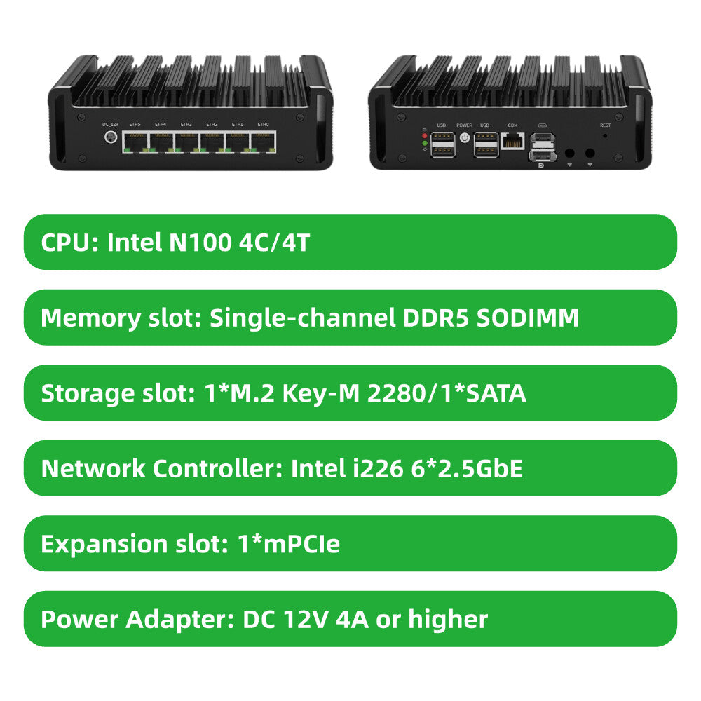 Fanless Network Appliance with Intel N100 N150 6 Ports 2.5G Ethernet Intel i226 for Firewall Router Virtual Machine G31-1264-6L