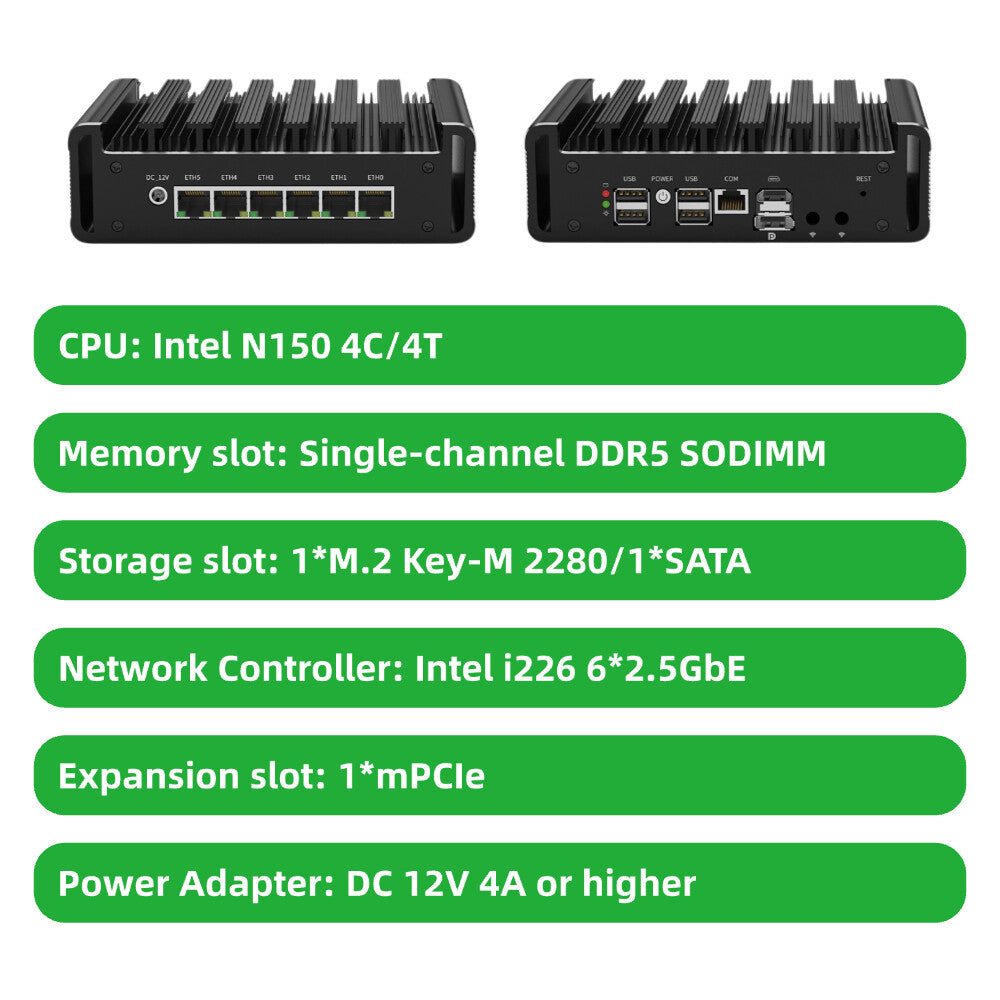 Fanless Network Appliance with Intel N100 N150 6 Ports 2.5G Ethernet Intel i226 for Firewall Router Virtual Machine G31-1264-6L