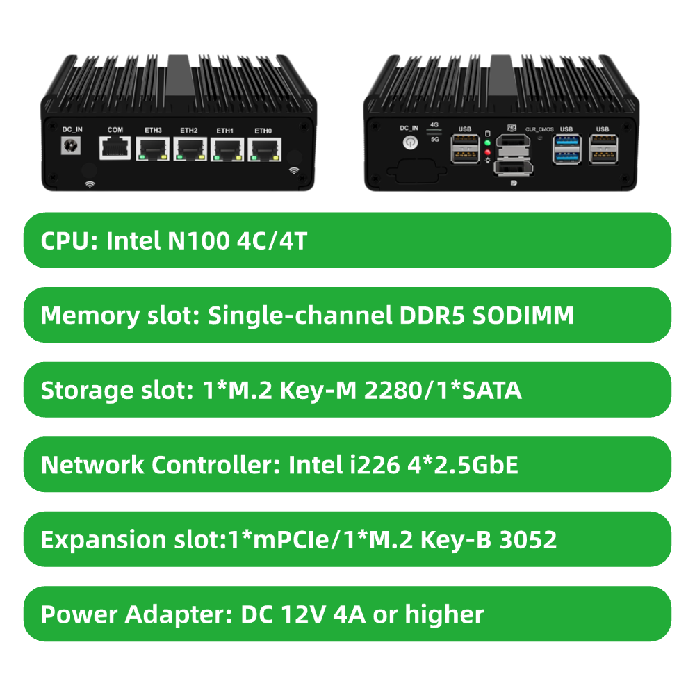 Fanless Mini Network Appliance with Intel N-series processors 4x 2.5G RJ45 Expandable LTE 5G Modules For Firewall IoT Gateway Edge Computing H30W-1264NP-4L5G