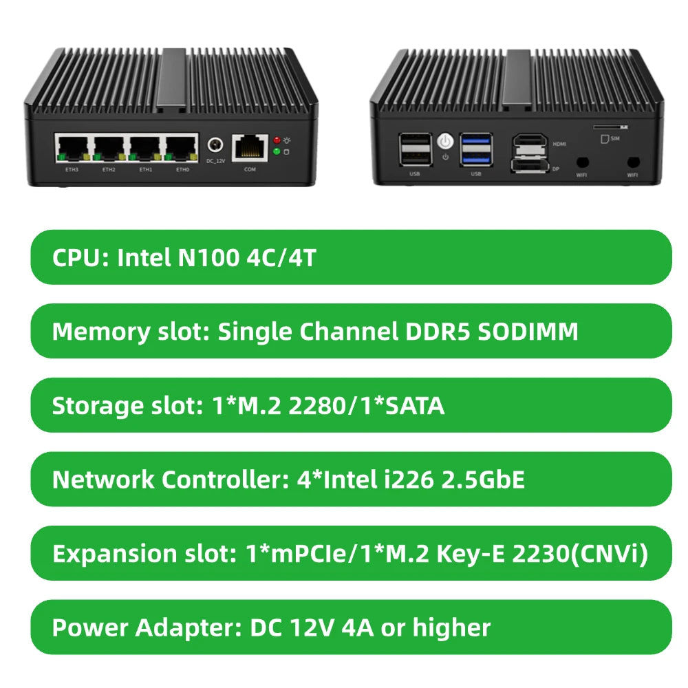 Mini Fanless Network Appliance Integrated Alder Lake N100 4-port RJ45 2.5G Compatible with Pfsense Vyos Mikrotik OpenWrt for Firewall Virtual Machine Soft Router G30S G48S-1264NP-4L