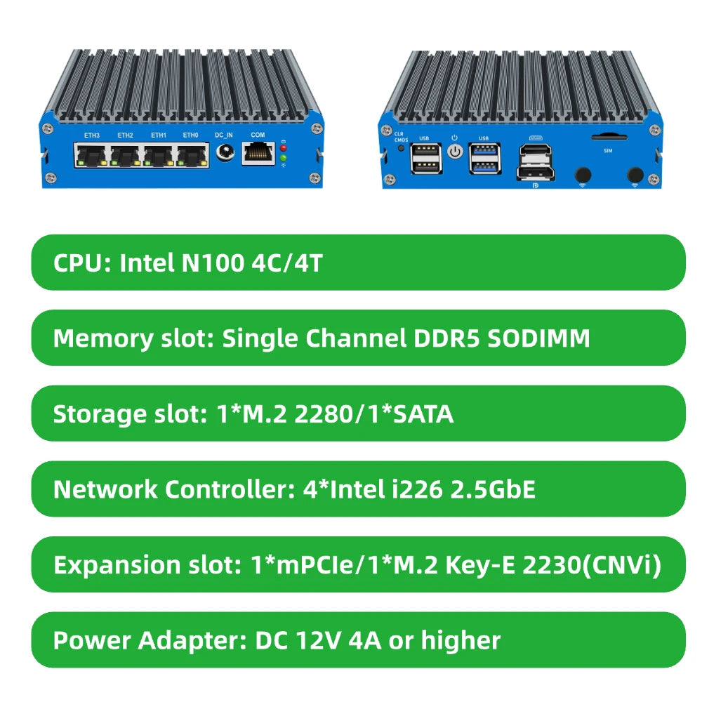 Mini Fanless Network Appliance Integrated Alder Lake N100 4-port RJ45 2.5G Compatible with Pfsense Vyos Mikrotik OpenWrt for Firewall Virtual Machine Soft Router G30S G48S-1264NP-4L