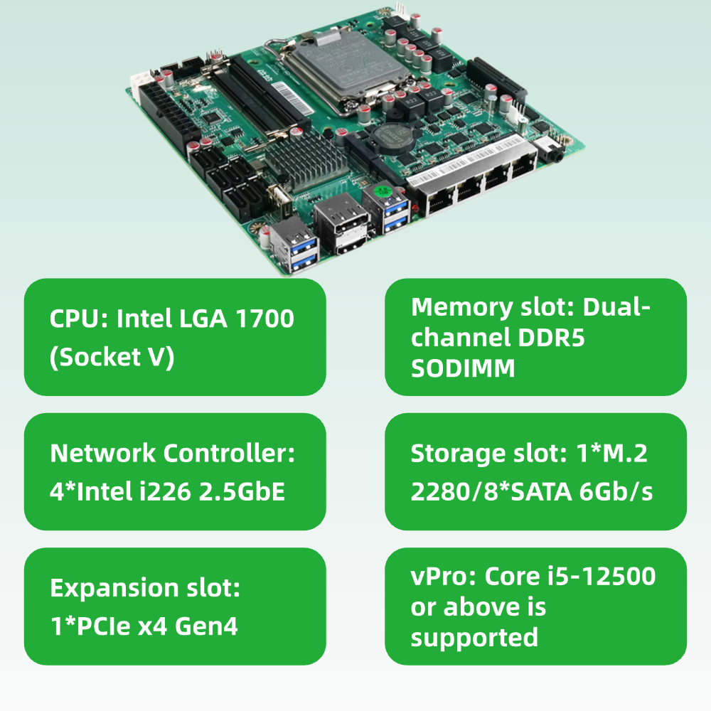 Mini-ITX Motherboard Quad Port 2.5GbE 8x SATA Dual M.2 Supports RAID vPRO for Server NAS Firewall Compatible TrueNAS OpenMediaVault ESXi Q670-NAS-MB