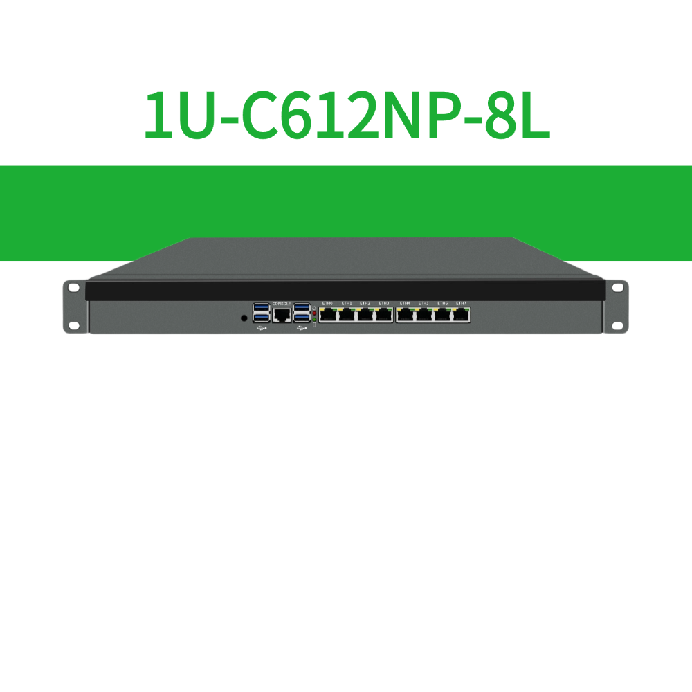 1U Rack mount for Server Virtual Machines Integrated Intel Xeon E5 Processor 8xRJ45 2.5GbE Expandable SFP+ or Ethernet ports BKHD-1U-C612NP-8L