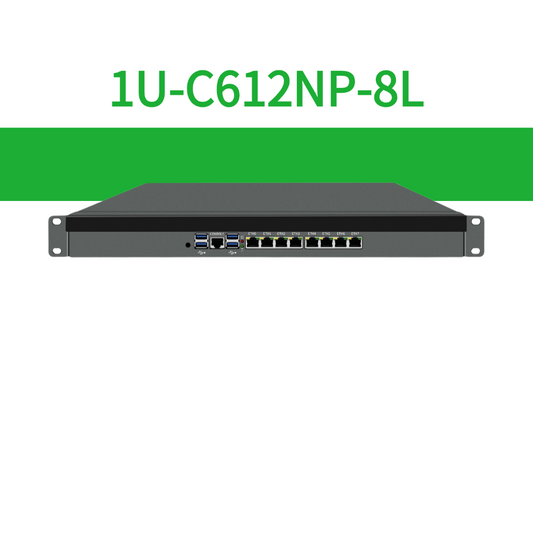 1U Rack mount for Server Virtual Machines Integrated Intel Xeon E5 Processor 8xRJ45 2.5GbE Expandable SFP+ or Ethernet ports BKHD-1U-C612NP-8L