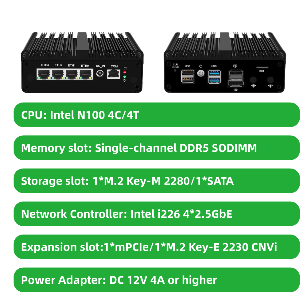 Mini Fanless Network Appliance Integrated Alder Lake N100 4-port RJ45 2.5G Compatible with Pfsense Vyos Mikrotik OpenWrt for Firewall Virtual Machine Soft Router H30S-1264NP-4L