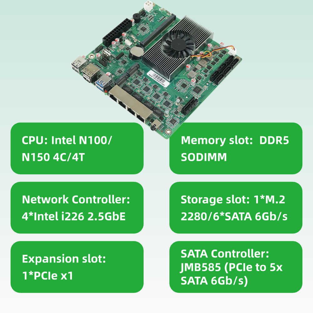 Mini-ITX Motherboard for NAS Home Server Compatible TrueNAS ESXi 4LAN 2.5GbE 2xM.2 6xSATA BKHD 1264-NAS-MB