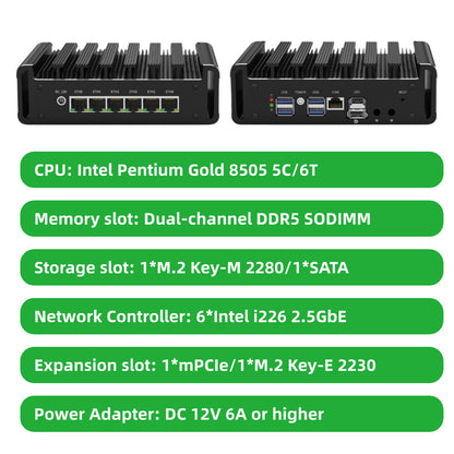 Mini Server Based on Alder Lake Intel 12th-13th Gen Core for Virtual Machines Firewall Router Six-Port 2.5GbE G31S G31F BKHD-1744NP-12-6L