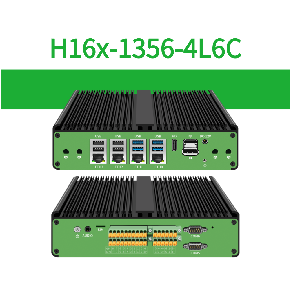 H16x-1356-4L6C Fanless Industrial PC with 4×GbE LAN, 6×COM and 16-Channel GPIO
