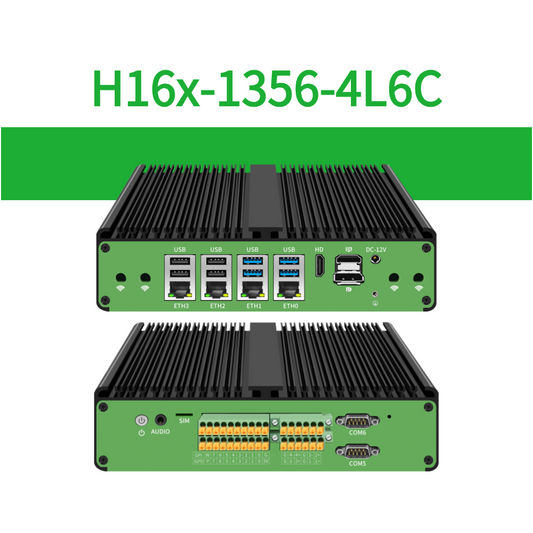 H16x-1356-4L6C Fanless Industrial PC with 4×GbE LAN, 6×COM and 16-Channel GPIO