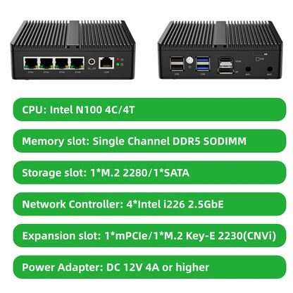 Mini Fanless Network Appliance Integrated Alder Lake N100 4-port RJ45 2.5G Compatible with Pfsense Vyos Mikrotik OpenWrt for Firewall Virtual Machine Soft Router G30S G48S-1264NP-4L
