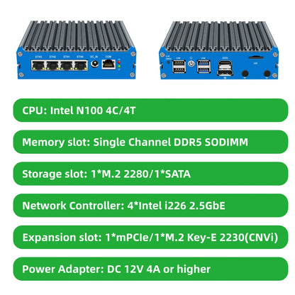 Mini Fanless Network Appliance Integrated Alder Lake N100 4-port RJ45 2.5G Compatible with Pfsense Vyos Mikrotik OpenWrt for Firewall Virtual Machine Soft Router G30S G48S-1264NP-4L